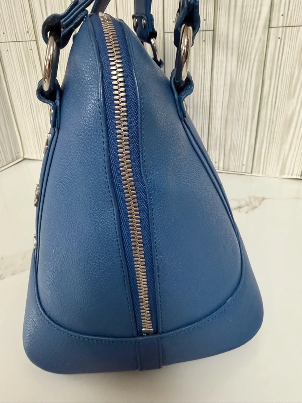 MCM Blue Leather Satchel Bag Gold Hardware Structured Top Handle Purse Dome Bag